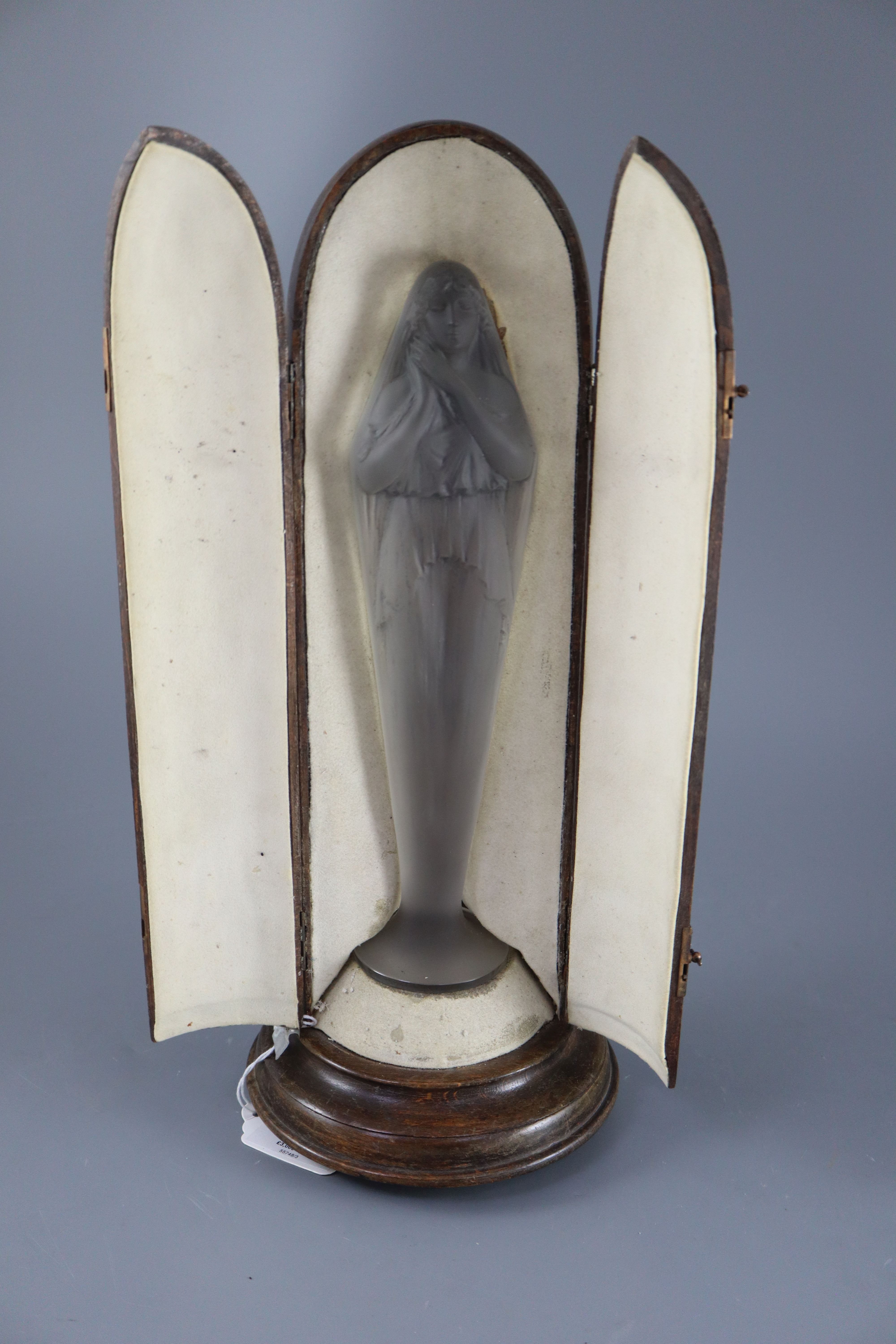 René Lalique. A pre-war statuette - Voilee Mains Jointes, no.828, designed 1919, in original torpedo shaped case, statuette 27.5cm high